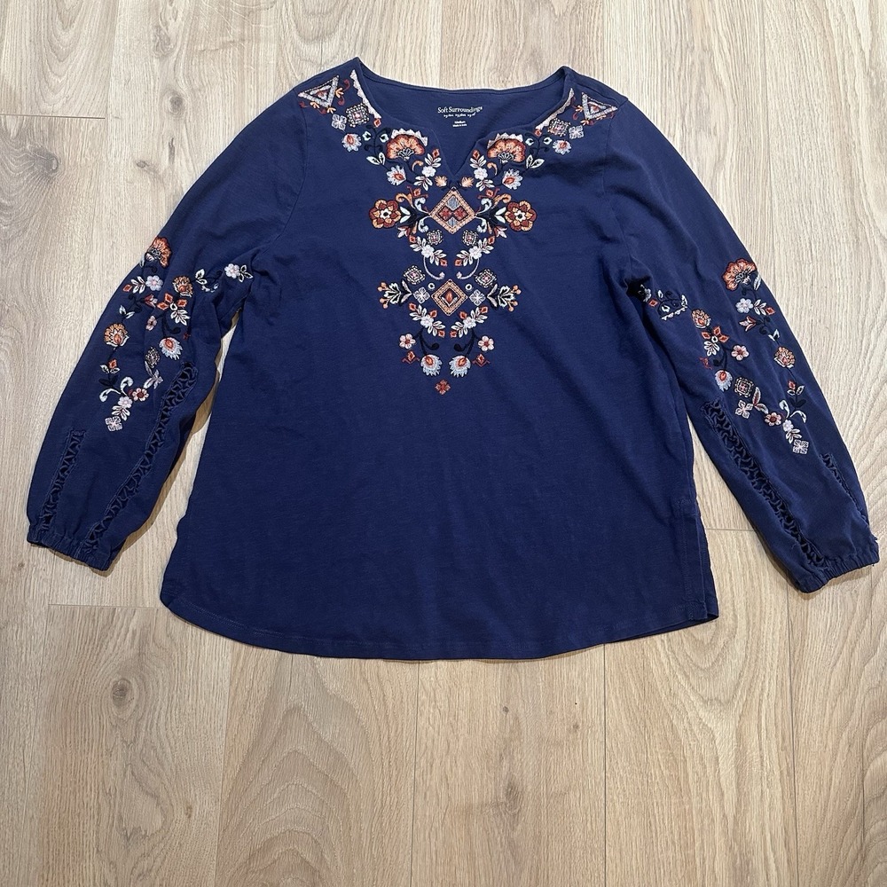Soft Surroundings Floral Embroidered Top Navy Blue 100% Cotton Long Sleeve Sz M